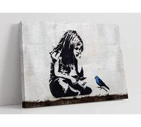 BANKSY GIRL BLUE BIRD FRAMED CANVAS WALL ART PRINT ARTWORK GRAFFITI (30in x 20in / 76cm x 50cm0cm)