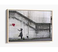 Banksy Girl Heart Balloon Red Canvas Floater Frame Print Picture Art - Light Oak Frame 36 inch wide x 24 inch high