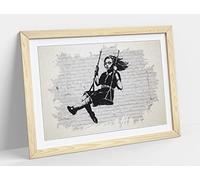 Banksy Girl on a Swing Watercolour Splash Art Framed Wall Art Print Picture - A1 - Light Oak Frame
