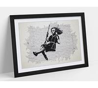 Banksy Girl on a Swing Watercolour Splash Art Framed Wall Art Print Picture - A4 - Black Frame