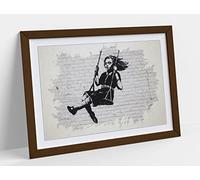 Banksy Girl on a Swing Watercolour Splash Art Framed Wall Art Print Picture - A4 - Walnut Frame