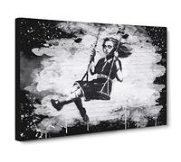 Banksy Girl on Swing Graffiti Wall Art Modern CB Canvas Print | Gallery Wrapped 30mm Frame Wall Art | 24x16 inches | Ready to Hang | Eclectic People Picture | Living Room Bedroom Lounge Office