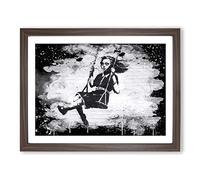 Banksy Girl on Swing Graffiti Wall Art Modern CB Framed Print | A3 Walnut Framed Wall Art | Ready to Hang | Eclectic Nature Picture | Living Room Bedroom Lounge Office