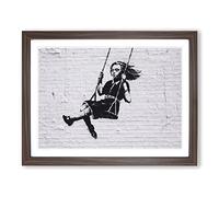 Banksy Girl on Swing Graffiti Wall Art Modern Framed Print | A3 Walnut Framed Wall Art | Ready to Hang | Eclectic Nature Picture | Living Room Bedroom Lounge Office