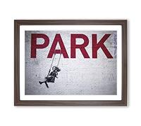 Banksy Girl os Swing Park Graffiti Wall Art Modern Framed Print | A4 Walnut Framed Wall Art | Ready to Hang | Eclectic Nature Picture | Living Room Bedroom Lounge Office
