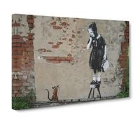 Banksy Girl & Rat Graffiti Wall Art Canvas Print | Gallery Wrapped 30mm Frame Wall Decor | 30x20 inches | Ready to Hang | Pop Art People Picture | Living Room Bedroom Lounge Office