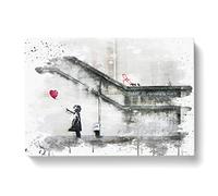 Banksy Girl with Balloon Graffiti Art No.1 V3 Modern Canvas Wall Art Print Ready to Hang, Framed Picture for Living Room Bedroom Home Office Décor, 60x40 cm (24x16 Inch)