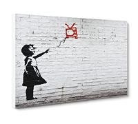 Banksy Girl with Red Balloon TV Graffiti Wall Art Canvas Print | Gallery Wrapped 30mm Frame Wall Decor | 20x14 inches | Ready to Hang | Pop Art People Picture | Living Room Bedroom Lounge Office