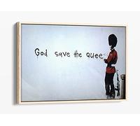 Banksy God Save Queen Blue Canvas Floater Frame Print Picture Art - Light Oak Frame 18 inch wide x 12 inch high