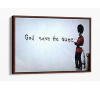 Banksy God Save Queen Blue Canvas Floater Frame Print Picture Art - Walnut Frame 24 inch wide x 16 inch high