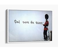 Banksy God Save Queen Blue Canvas Floater Frame Print Picture Art - White Frame 36 inch wide x 24 inch high