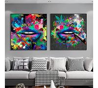 Banksy Graffiti Art Canvas Wall Art Pictures Colorful Lips Street Abstract Posters and Prints Home Decor,Ready to Hang 42x42cmx2pcs innerframe