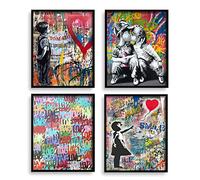 Banksy Graffiti Canvas Wall Art Decor,8x10 inch Set of 4 Banksy Art Prints Unframed,Little Couple Pop Street Art Wall Decor,Colorful Canvas Graffiti Wall Art for Living Room Bedroom Home Decoration