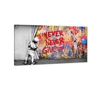 Banksy Graffiti Canvas Wall Art Modern Painting Inspirational Never Give Up Boy Behind The Curtain Prints for Living Room Home Office Decor, Framed 32" x 16"
