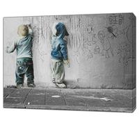 Banksy Graffiti Kids Drawing Picture in BW Picture Photo Reprint On Framed Canvas Wall Home Decoration 34’’ x 24’’inch(86x 60 cm) -18mm Depth