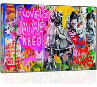 Banksy Graffiti Love is All We Need Picture Paint Picture Reproduction Print On Framed Canvas Wall Art Decoration (24’’ x 16" inch(60x 40 cm) -18mm Depth)