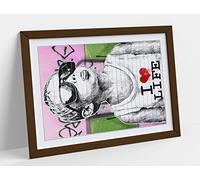 Banksy I Love Life Boy Pink Green Framed Wall Art Print Picture - A4 - Walnut Frame