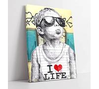 Banksy I Love Life Boy Yellow Teal Canvas Wall Art Print Picture - 24 inch wide x 36 inch high (Frame Depth 30mm)