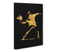 Banksy In Black Gold Flower Thrower Modern Canvas Wall Art Print Ready to Hang, Framed Picture for Living Room Bedroom Home Office Décor, 20x14 Inch (50x35 cm)