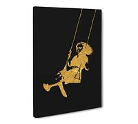 Banksy In Gold Girl On Swing Canvas Print | Gallery Wrapped 30mm Frame Wall Art | 30x20 inches | Ready to Hang | Pop Art People Picture | Living Room Bedroom Lounge Office
