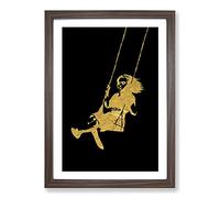 Banksy in Gold Girl On Swing Framed Print | A2 Walnut Framed Wall Art | Ready to Hang | Modern Nature Picture | Living Room Bedroom Lounge Office