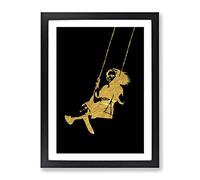 Banksy In Gold Girl On Swing Framed Wall Art Print A3 Black
