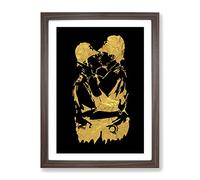 Banksy In Gold Kissing Policemen Modern Framed Print | A3 Walnut Framed Wall Art | Ready to Hang | Modern Nature Picture | Living Room Bedroom Lounge Office