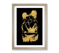 Banksy In Gold Kissing Policemen Modern Framed Wall Art Print, Ready to Hang Picture for Living Room Bedroom Home Office Décor, Oak A2 (64 x 46 cm)