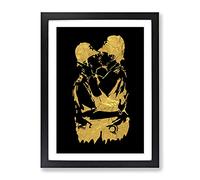 Banksy In Gold Kissing Policemen Modern Framed Wall Art Print, Ready to Hang Picture for Living Room Bedroom Home Office Décor, Black A2 (64 x 46 cm)