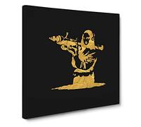 Banksy in Gold Mona Lisa Bazooka Canvas Print | Gallery Wrapped 30mm Frame Wall Art | 14x14 inches | Ready to Hang | Modern Picture | Living Room Bedroom Lounge Office