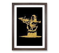 Banksy in Gold Mona Lisa Bazooka Framed Print | A2 Walnut Framed Wall Art | Ready to Hang | Modern Nature Picture | Living Room Bedroom Lounge Office
