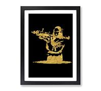 Banksy In Gold Mona Lisa Bazooka Modern Framed Print | A2 Black Framed Wall Art | Ready to Hang | Modern Nature Picture | Living Room Bedroom Lounge Office
