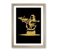 Banksy In Gold Mona Lisa Bazooka Modern Framed Print | A2 Oak Framed Wall Art | Ready to Hang | Modern Nature Picture | Living Room Bedroom Lounge Office