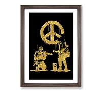 Banksy in Gold Peace Soldiers Framed Print | A2 Walnut Framed Wall Art | Ready to Hang | Modern Nature Picture | Living Room Bedroom Lounge Office