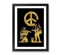 Banksy In Gold Peace Soldiers Modern Framed Print | A2 Black Framed Wall Art | Ready to Hang | Modern Nature Picture | Living Room Bedroom Lounge Office