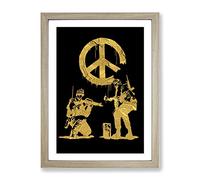 Banksy In Gold Peace Soldiers Modern Framed Print | A2 Oak Framed Wall Art | Ready to Hang | Modern Nature Picture | Living Room Bedroom Lounge Office