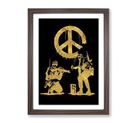 Banksy In Gold Peace Soldiers Modern Framed Print | A2 Walnut Framed Wall Art | Ready to Hang | Modern Nature Picture | Living Room Bedroom Lounge Office