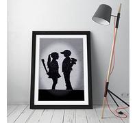 Banksy Kid Love Hate Black & White Framed Wall Art Picture Print - A3 - Black Frame