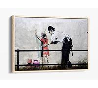 Banksy Kid Stop And Search Red Canvas Floater Frame Print Picture Art - Light Oak Frame 24 inch wide x 16 inch high
