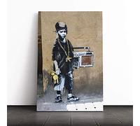 Banksy Kid with Ghetto Blaster Graffiti Wall Art Canvas Print | Gallery Wrapped 30mm Frame Wall Decor | 20x14 inches | Ready to Hang | Pop Art Picture | Living Room Bedroom Lounge Office