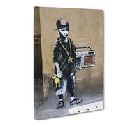 Banksy Kid With Ghetto Blaster Graffiti Wall Art Canvas Print | Gallery Wrapped 30mm Frame Wall Decor | 20x14 inches | Ready to Hang | Pop Art Picture | Living Room Bedroom Lounge Office