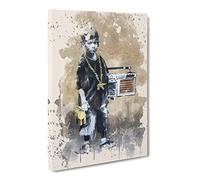 Banksy Kid With Ghetto Blaster Graffiti Wall Art Modern Fc Canvas Print | Gallery Wrapped 30mm Frame Wall Art | 30x20 inches | Ready to Hang | Eclectic Picture | Living Room Bedroom Lounge Office