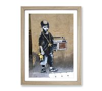 Banksy Kid With Ghetto Blaster Graffiti Wall Art Modern Framed Print | A3 Oak Framed Wall Art | Ready to Hang | Eclectic Nature Picture | Living Room Bedroom Lounge Office