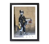 Banksy Kid With Ghetto Blaster Graffiti Wall Art Modern Framed Print | A4 Black Framed Wall Art | Ready to Hang | Eclectic Nature Picture | Living Room Bedroom Lounge Office