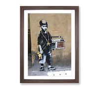 Banksy Kid With Ghetto Blaster Graffiti Wall Art Modern Framed Print | A4 Walnut Framed Wall Art | Ready to Hang | Eclectic Nature Picture | Living Room Bedroom Lounge Office