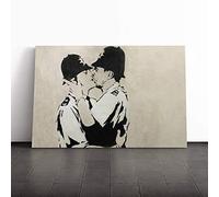 Banksy Kissing Police Policeman Graffiti Wall Art Canvas Print | Gallery Wrapped 30mm Frame Wall Decor | 20x14 inches | Ready to Hang | Pop Art Picture | Living Room Bedroom Lounge Office