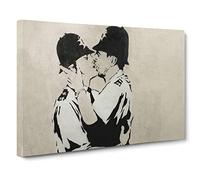 Banksy Kissing Police Policeman Graffiti Wall Art Canvas Print | Gallery Wrapped 30mm Frame Wall Decor | 24x16 inches | Ready to Hang | Pop Art Picture | Living Room Bedroom Lounge Office