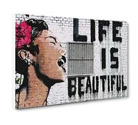 Banksy Life is Beautiful Graffiti Wall Art Canvas Print | Gallery Wrapped 30mm Frame Wall Decor | 24x16 inches | Ready to Hang | Pop Art Picture | Living Room Bedroom Lounge Office