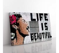 Banksy Life is Beautiful Graffiti Wall Art Modern Canvas Wall Art Print Ready to Hang, Framed Picture for Living Room Bedroom Home Office Décor, 76x50 cm (30x20 Inch)