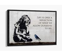 Banksy Little Girl Blue Bird Quote - Canvas Floater Frame Print Picture Art - Black Frame 12 inch wide x 8 inch high